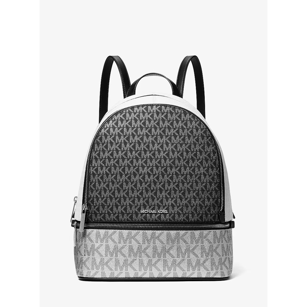 Michael Kors Rhea Medium Metallic MK Logo Backpack Silver Tone Zip Bag EUC